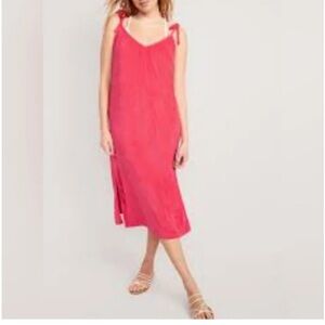 Old Navy Pink Terrycloth Shoulder-Tie Ruched Neck Midi Dress Coverup